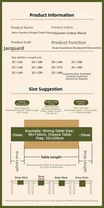 Detailed size chart for green floral jacquard table runner with dimensions and layout guide