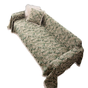 Green floral Japanese sofa cover with fringe tassels and matching pillowcase set