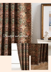 Detail of retro jacquard curtain with bohemian fan patterns and white fringe tassels