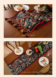 Close-up of elegant floral jacquard table runner with decorative tassels and fringes
