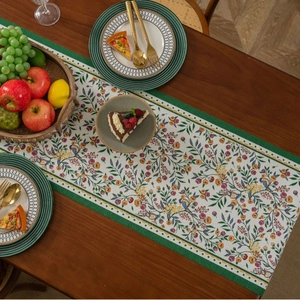Classical Chinese table runner with green jacquard floral and bird patterns for decor