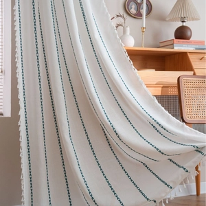 Rideau en Coton Brodé à Rayures Géométriques Style Américain Avec Glands Boho Semi-Obscurcissant Draperies de Fenêtre Pour Salon Chambre