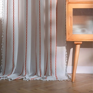 Nordic minimalist white linen curtain with orange embroidery and decorative short tassels