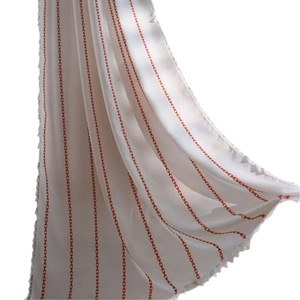 Nordic minimalist white semi-sheer curtain with red geometric stripes and lace edges