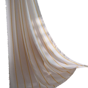 Minimalist white semi-sheer curtain with yellow chain stripes and scalloped edges