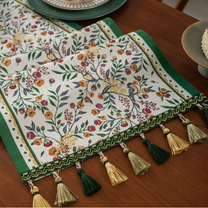 Classical Chinese table runner with green floral jacquard and elegant fringe tassels