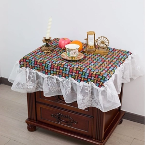 Colorful geometric jacquard tablecloth with white floral lace ruffle for bedside tables