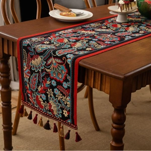 New Chinese Style Jacquard Table Runner Retro Floral Pattern With Tassels For Dining Room Coffee Table Sideboard Decor
