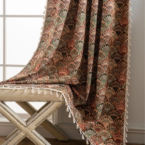 American retro thick jacquard curtain with colorful fan pattern and white tassels