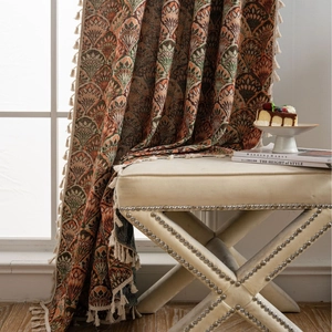 Retro jacquard curtains with orange leaf patterns and white fringe tassels for home decor
