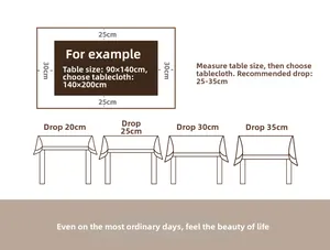 Size guide for cotton linen tablecloth showing recommended 25-35cm drop length measurement