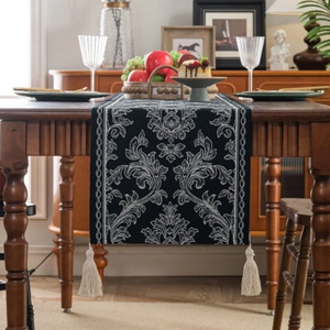 Jacquard Tassel Table Runner Polyester Cotton Blend Vintage Damask Floral Pattern Table Decor For Dining Room Living Room
