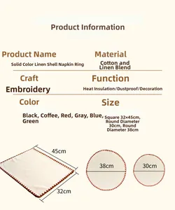 Detailed size chart for cotton linen placemats showing square and round dimensions