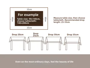 Size guide for rectangular tablecloth showing recommended 25-35cm drop length effect