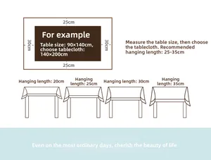 Size guide for embroidered tablecloth showing sagging length measurements and dimensions