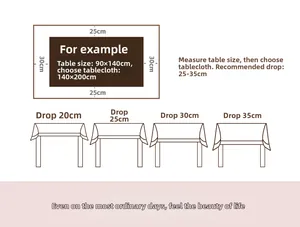 Tablecloth size guide showing measurement methods and 25-35cm drop length recommendations