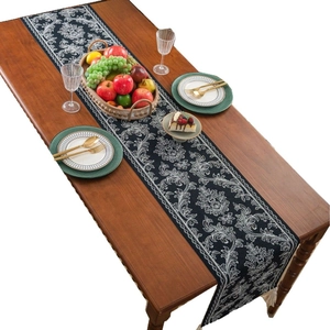 New Chinese style dark blue table runner with white damask jacquard and tassel decor