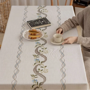 Embroidered Floral Tablecloth Rectangular Cotton Linen Look Fabric Table Cover With Tassels For Dining Room Coffee Table