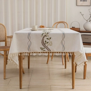 Linen rectangle tablecloth with leaf embroidery and decorative tassels for home decor