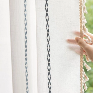 Nordic Boho Embroidered Polyester Window Curtain With Tassels Geometric Chain Pattern Light Filtering For Kitchen Living Room