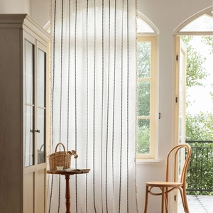 Rideau de Porte en Coton Bohémien Brodée Rayures Chaîne de Cœur Rideau de Fenêtre Avec Pompons Semi Ombrage Rideaux de Café pour Salon Chambre