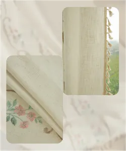 Detailed embroidery of pink flowers and green leaves on beige cotton linen rustic curtains