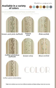 Detail of Nordic minimalist curtains showing various floral embroidery patterns and colors