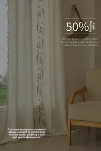 Detail of pink floral embroidery and fringe tassels on semi-transparent cream curtains
