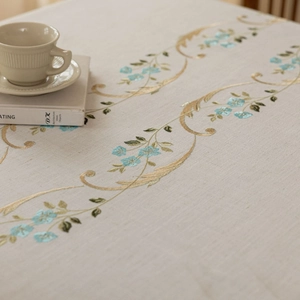 French style floral embroidery tablecloth with tassel edge on beige linen fabric