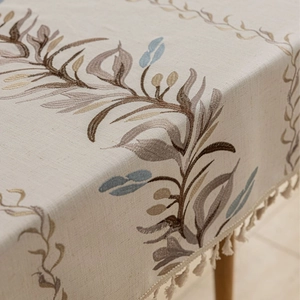 Bohemian linen rectangle tablecloth with plant embroidery and elegant tassel fringe
