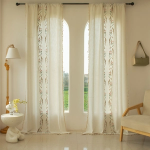 Cream linen curtains with vintage floral embroidery and fringe trim for living room decor