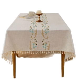 French style floral embroidered rectangle tablecloth with cotton linen texture and tassels