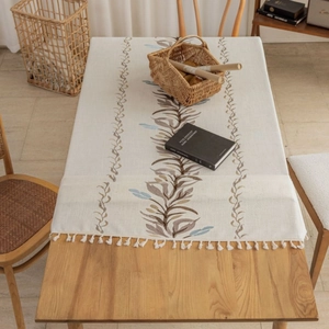 Nordic minimalist cotton linen table runner with embroidery and white tassel fringe