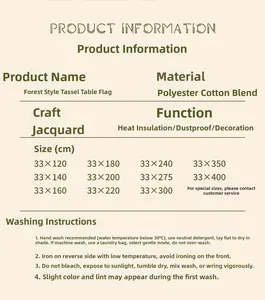 Detailed product information and size chart for geometric jacquard table runners with tassels
