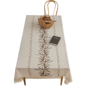 Nordic minimalist rectangular linen tablecloth with leaf vine pattern and tassels