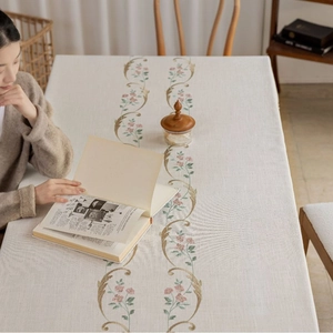 Floral embroidery rectangular cotton linen tablecloth in beige for dining table decor