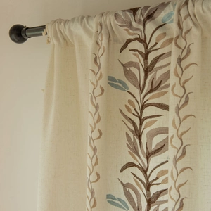 Embroidered American pastoral cream linen curtains with leaf pattern and tassels