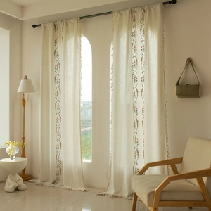 American Country Floral Embroidered Curtains With Tassels Semi Sheer Polyester Fabric For Living Room Bedroom Pastoral Decor