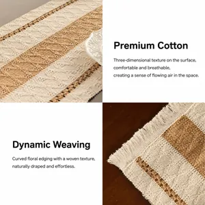 Detailed macro view of woven table runner featuring premium cotton fabric and boho tassels