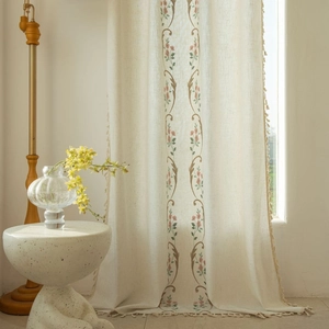 Beige cotton linen curtain with pink floral embroidery and fringe for living room