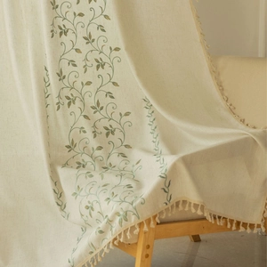 European vintage embroidered beige curtain with green vine pattern and tassel trim
