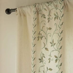 European vintage embroidered beige linen curtains with green leaf pattern and tassels