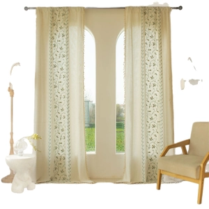 European vintage embroidered curtains with green vine patterns and tassel fringe decor