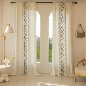 Nordic Minimalist Embroidered Polyester Curtain With Tassels Semi-Blackout Window Drapes For Bedroom Living Room Home Decor