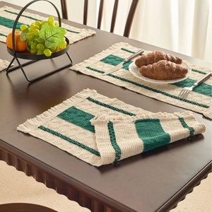 Nordic Cotton Linen Striped Placemats Boho Woven Contrast Color Tassel Table Mats Heat Insulated Decorative Dining Mats