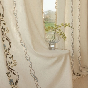 Nordic minimalist embroidered linen curtain with floral patterns and tassel trim decor