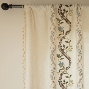 Nordic beige cotton linen curtain with floral embroidery and tassel fringe decor