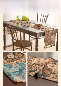 Close-up of vintage oil painting style floral jacquard fabric with brown fringe tassels