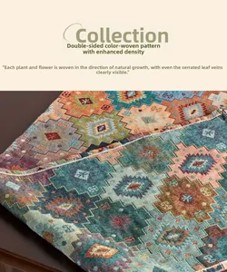 Detail of bohemian geometric table runner with ethnic jacquard weave and tassels