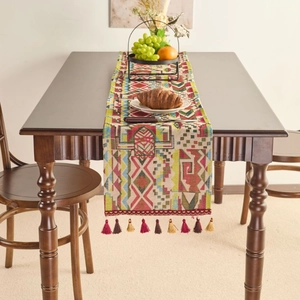 Bohemian Ethnic Style Table Runner Geometric Jacquard Weave With Tassels Polyester Cotton Blend Home Dining Table Decoration